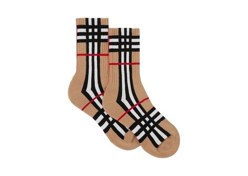 Burberry Ribbed Check Technical Stretch Cotton Socks - Beige - 8047235