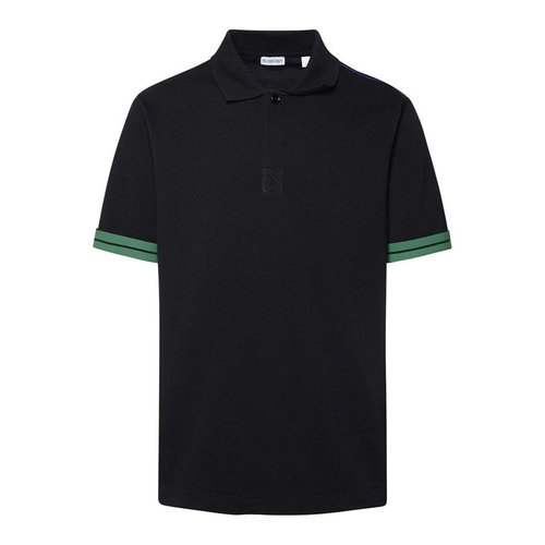 Burberry Striped-Cuffs Short Sleeved Cotton Polo Shirt - Black/Blue - 8082127
