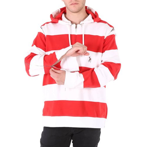 Burberry Zip Detail Striped Cotton Hoodie - Red - 4563766
