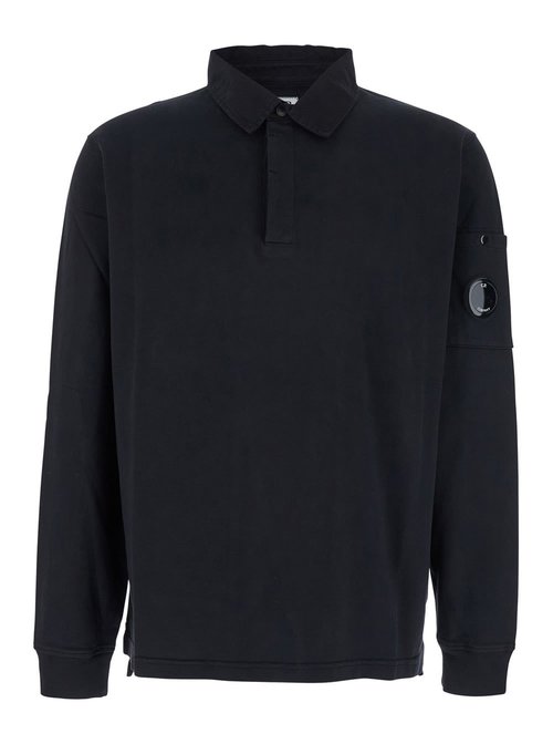 C. P. Company Black Sweatshirt With Polo Shirt Style Collar And Logo Plaque On The Sleeve In CottOn Man - 19CMSS100A002246G999