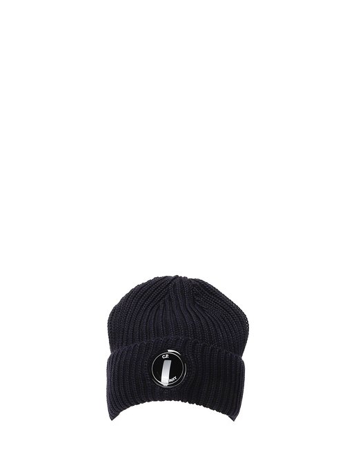 C. P. Company Blue Knit Beanie With Logo Plaque On The FrOnt In Wool Man - RFCMAC739A005509A_888