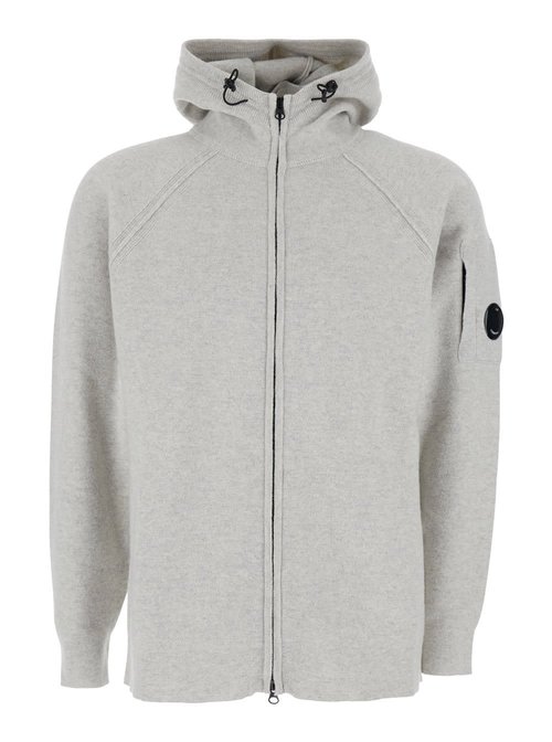 C. P. Company Grey Cardigan With Drawstring Hood And Logo Plaque On The Sleeve In Wool Blend Man - 19CMKN057A-110149A