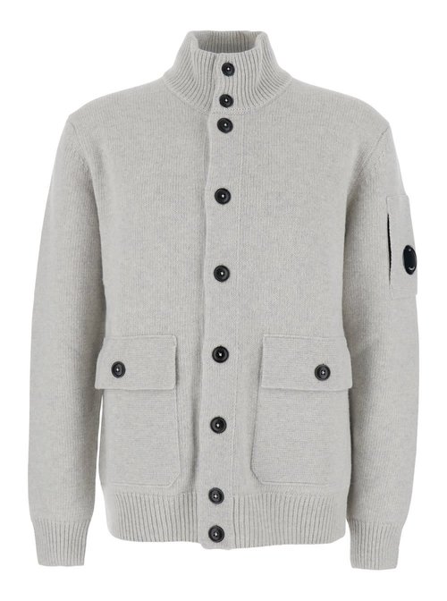 C. P. Company Grey Cardigan With High Neck And Logo Plaque On The Sleeve In Wool Man - 19CMKN042A110149AM13