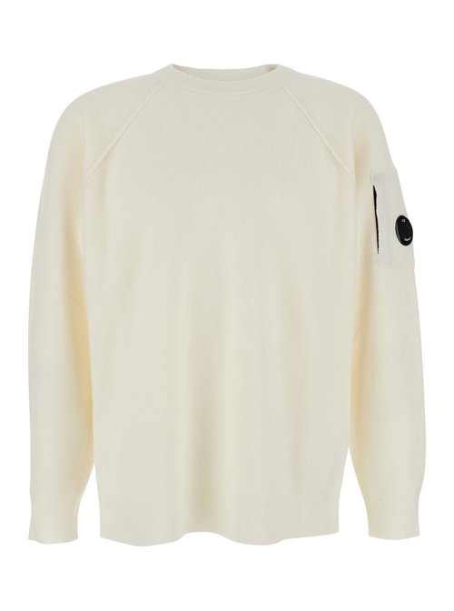 C. P. Company White Crewneck Sweater With Logo Plaque On The Sleeve In Wool Blend Man - 19CMKN040A110149A103