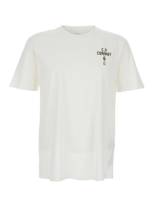 C. P. Company White Crewneck T-shirt With Logo Detail On The FrOnt And Maxi Logo On The Rear In CottOn Man - 20CMTS174A110579W103