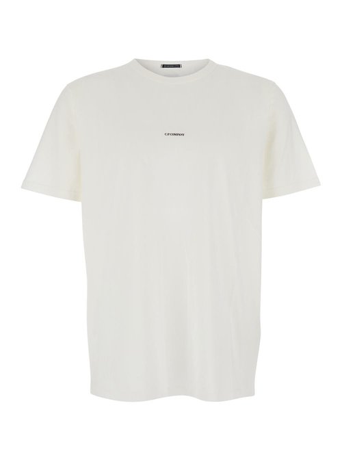 C. P. Company White Crewneck T-shirt With Logo Lettering On The FrOnt In CottOn Man - 19CMTS161A006374G103