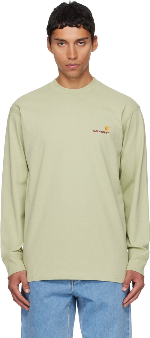 Carhartt WIP Green American Script Long Sleeve T-shirt - UVXX Pale Olive - I029955