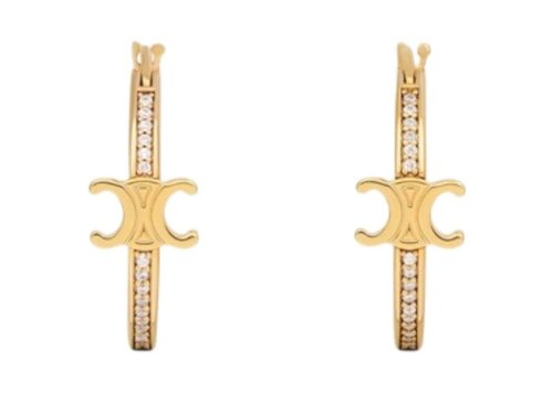 CELINE Strass and Brass with Finish Triomphe Sparkle Hoops - Gold