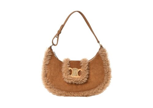 CELINE Suede Calfskin and Shearling Medium Ava Triomphe Bag - Tobacco