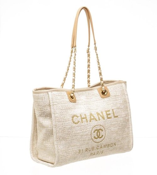 CHANEL Deauville Tote Canvas Goldtone Small - Beige