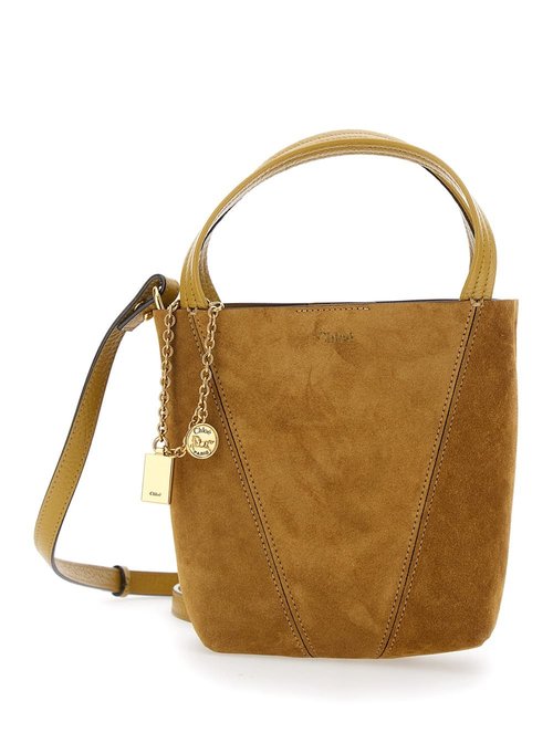 Chloé spin Shoulder Bag With Adjustable And Removable Shoulder Strap And Logo Charm On The FrOnt In Suede - Beige/Gold Tone/Two Tone - CH25AS812P9921B