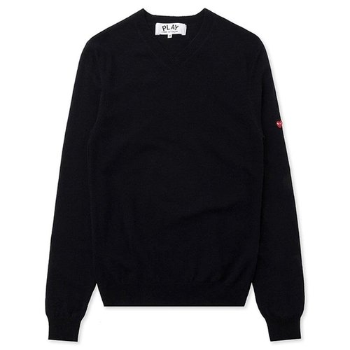 Comme des Garçons Play Small Heart On Sleeve V Neck Sweater - Navy Blue - AX.N040