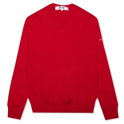 Comme des Garçons Play Small Heart On Sleeve V Neck Sweater - Red - AX.N039