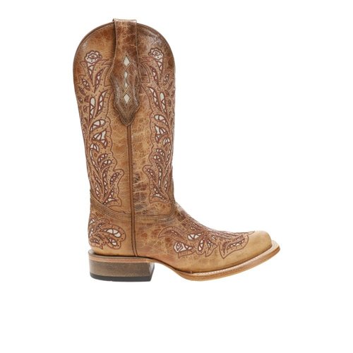 Corral Boots Glitter Inlay Embroidered Square Toe Pull On Cowboy Boots - Brown - A.4879