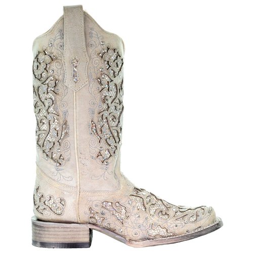 Corral Boots Glitter Studded Tooled-Inlay Pull On Square Toe Cowboy Boots - Off White - A.3397