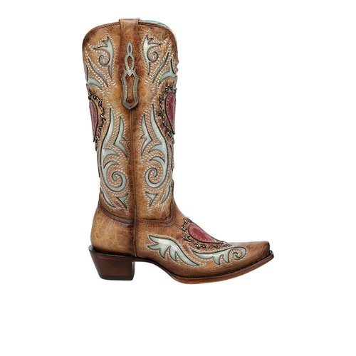 Corral Boots Heart Inlay Embroidered Studs Berbed Wire Woven Snip Toe Pull On Cowboy Boots - Brown - A.5090