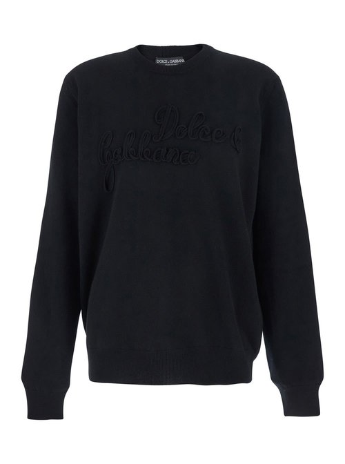 Dolce & Gabbana Black Crewneck Sweater With Logo Lettering On The FrOnt In Wool Man - GXX01ZJDVDEN0000