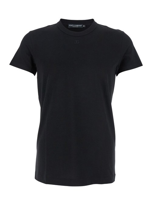 Dolce & Gabbana Black Crewneck T-Shirt with TOnal Logo Lettering Embroidery On the FrOnt in CottOn Stretch Man Elastane Tshirts And Polo Shirts - G8SX0ZG7PIYN0000