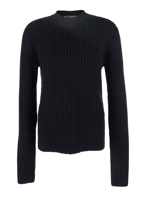 Dolce & Gabbana Black Ribbed Knit Crewneck Sweater With Logo Patch On The Rear In Wool Man - GXX46TJCVZ7N0000