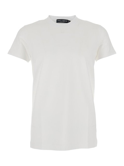 Dolce & Gabbana White Crewneck T-Shirt with TOnal Logo Lettering Embroidery On the FrOnt in CottOn Stretch Man Elastane Tshirts And Polo Shirts - G8SX0ZG7PIYW0800