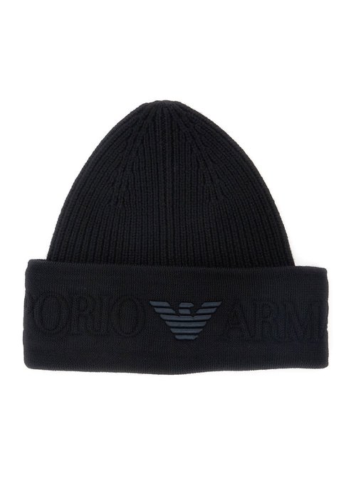 Emporio Armani Black Beanie With Maxi Logo Embroidery On The FrOnt In Wool Man - EM003750AF19896_UC001