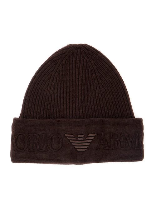 Emporio Armani Brown Beanie With Maxi Logo Embroidery On The FrOnt In Wool Man - EM003750AF19896U6279