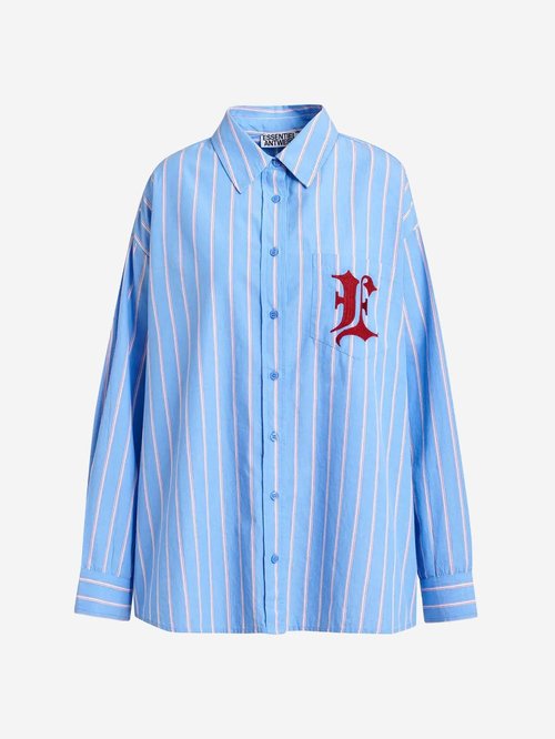 ESSENTIEL ANTWERP Blue striped shirt with patch and buttOns On the back