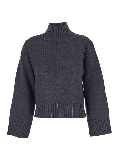 Fabiana Filippi Grey Turtleneck Sweater With Beaded Embroidery On The Waist And Dropped Shoulders In Wool - MAD215F104L5588105