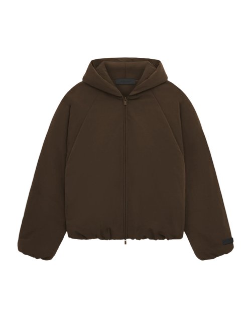 fear of god essentials brown military nylon hooded bomber jacket
