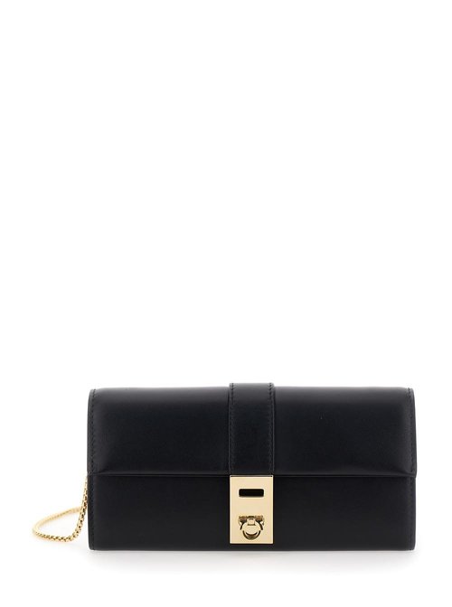 Ferragamo hug Wallet On Chain With Gancini Closure In Smooth Leather - Black - 2.0668