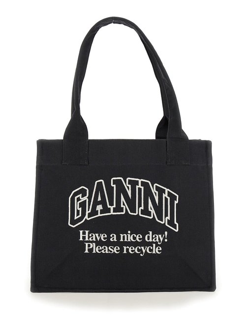 Ganni Shopper With Embroidered Logo On The FrOnt In Denim - Black/Blue - A.647