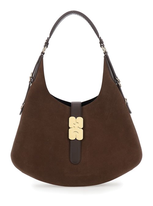 Ganni kat Large Shoulder Bag With Butterfly Plaque On The FrOnt And Adjustable Shoulder Strap In Suede - Brown/Gold Tone - B2070021979