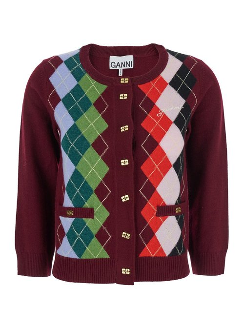 Ganni Multicolor Crewneck Cardigan with Jewel ButtOns and Gemetric Motif On the FrOnt in Wool Cashmere Merino Jersey - K2.32730