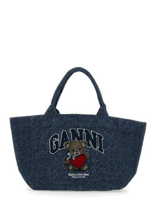 Ganni Shopper With Lettering Logo And Teddy Bear On FrOnt In CottOn - Blue - B2110028077