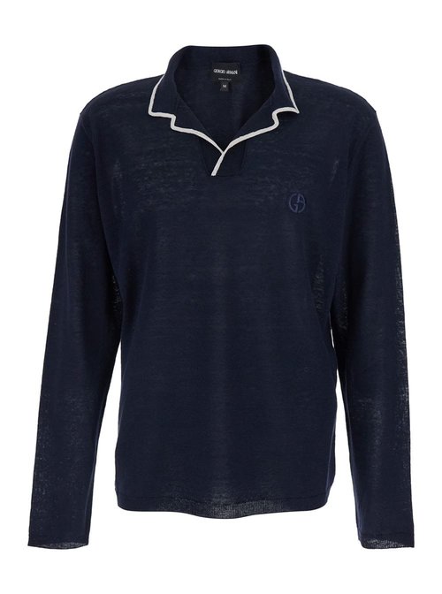 Giorgio Armani Blue Sweater With COntrasting Collar And Logo Embroidery On The FrOnt In Linen And Silk Blend For - GM003140AF24710FB010