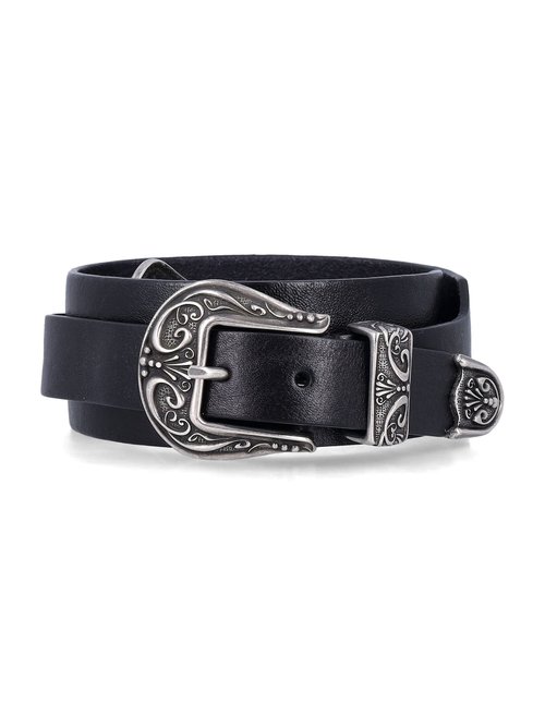 Golden Goose Black Washed Leather Belt With Silver Double Buckle - GWA00647_A00013390100