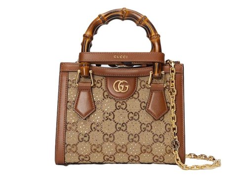 Gucci Diana Crystal Mini Tote - Camel/Dark Brown
