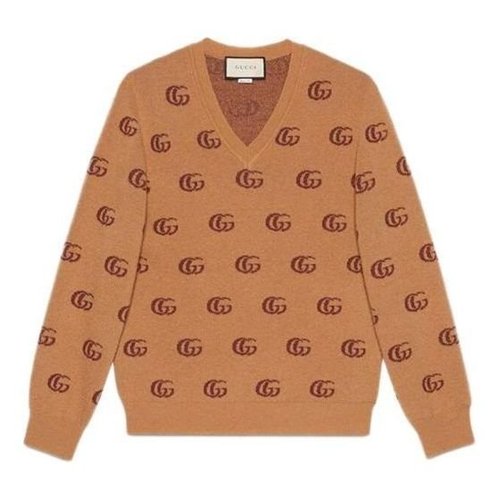 Gucci Double G Jacquard Wool V-Neck Sweater - Tan - 645292-XKBPF-8011