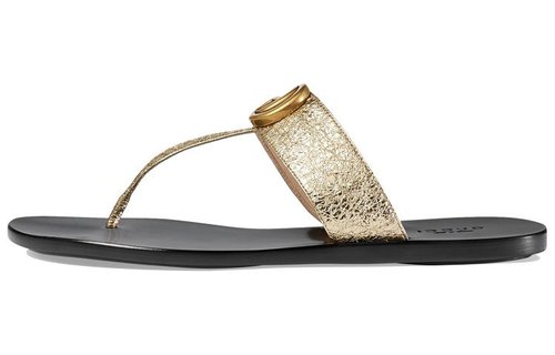 Gucci Double g Metallic Leather Gold Color Slippers - 342980