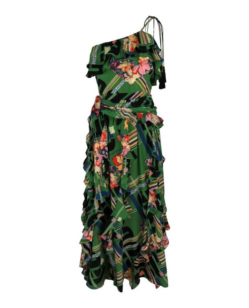 Gucci Floral CheckPrint Ruffled SilkCrepe Dress - Green Black - 569897-ZAB0J-3244