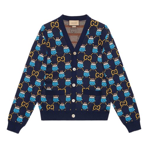 Gucci GG Animal Cotton Wool Jacquard Cardigan - Blue - 736024-XKC2Q-4804
