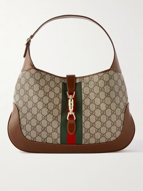 Gucci Jackie 1961 Medium Webbing-Trimmed Monogrammed Coated-Canvas and Leather Tote Bag - 8565 - 636710-HUHHG-8565