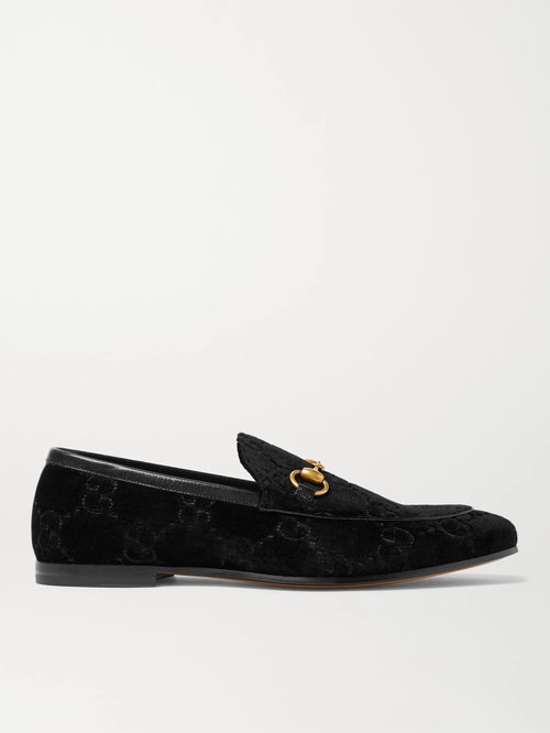 Gucci Jordaan Horsebit Leather-Trimmed Logo-Embroidered Velvet Loafers - 1000 - 430088-9JT80-1000