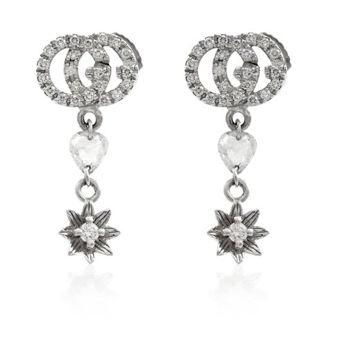 Gucci Ladies Flower And Double G Earrings With Diamonds - Gold Tone/White - YBD581-83000-100U
