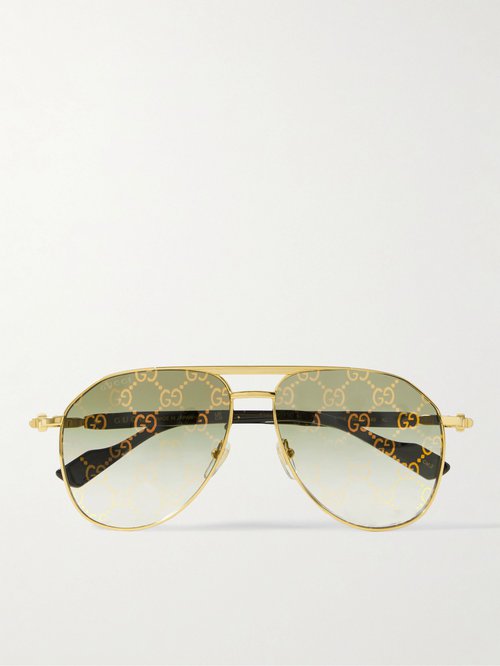 Gucci Logo-Print Aviator-Style Gold-Tone and Acetate Sunglasses - 004 - GG1220S004