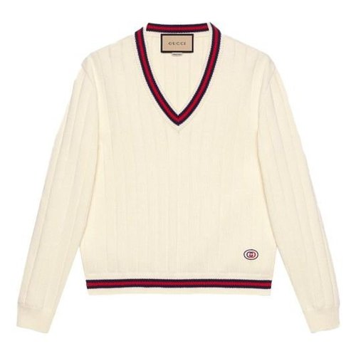 Gucci SS21 Knit V Neck Webbing Wool Sweater Beige - Creamy - 653626-XKBUR-9182
