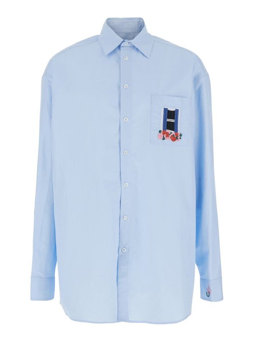 J. W. AndersOn Light Blue Shirt With Classic Collar And Embroidery Detail On FrOnt And Cuff In Linen And CottOn Blend Man - SH0352PG1698LIGHTBLUE