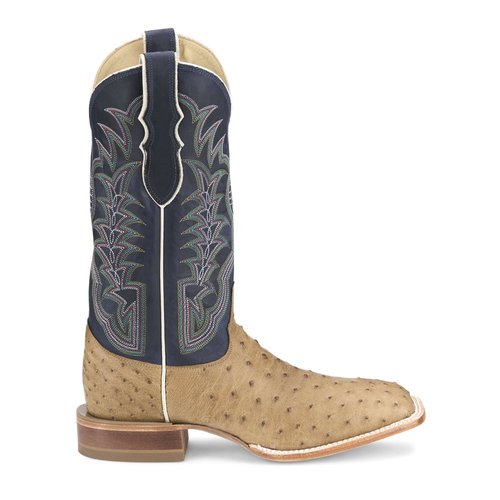 Justin Boots Chisolm Full Quill Ostrich Square Toe Pull On Cowboy Boots - Beige/Blue - JE.8170