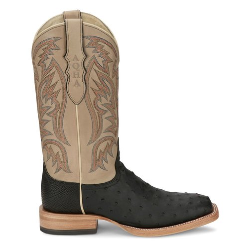Justin Boots Doc Bar Full Quill Ostrich Embroidered Wide Square Toe Pull On Cowboy Boots - Beige/Black - AQ.8042