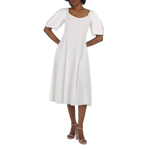 KENZO Ladies Off Broderie Anglais Embroidered Midi Dress - White - FD52RO1169FG.02
